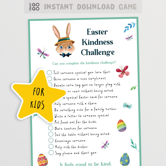 Easter Kindness Challenge for kids with a cartoon rabbit and Easter eggs on a white background.