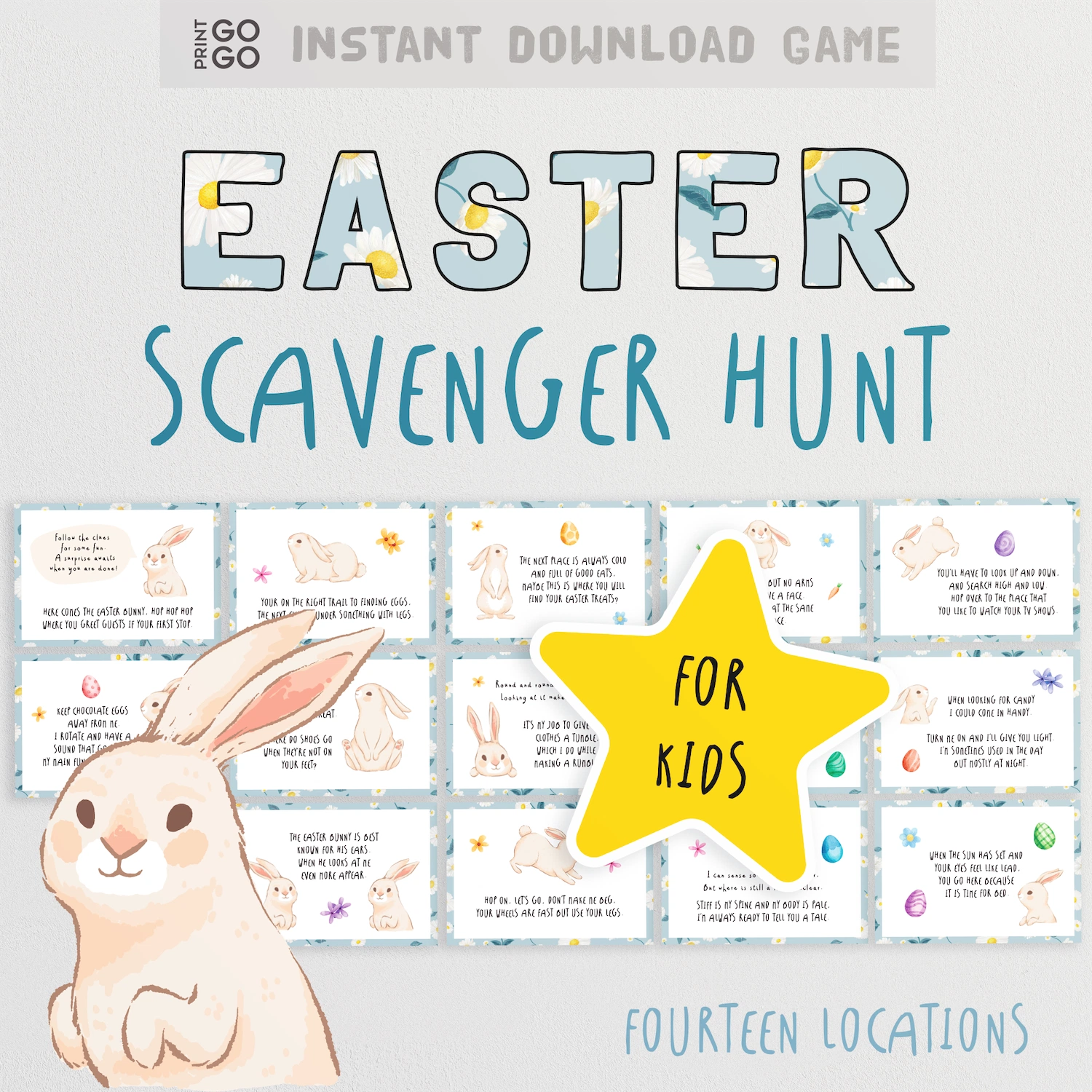 Easter Scavenger Hunt game for kids with a rabbit illustration and text about instant download and 14 locations.