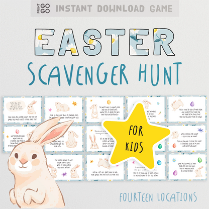 Easter Scavenger Hunt game for kids with a rabbit illustration and text about instant download and 14 locations.