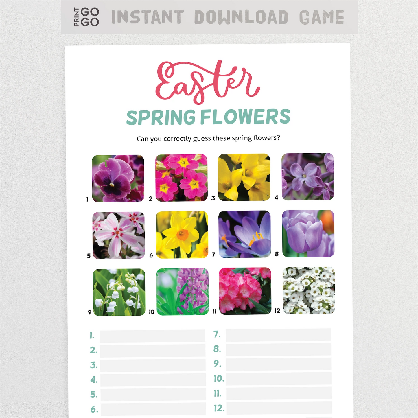 Easter spring flowers quiz with colorful flower images on a white background