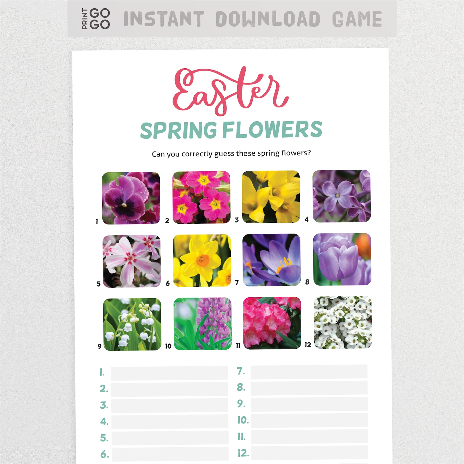 Easter spring flowers quiz with colorful flower images on a white background