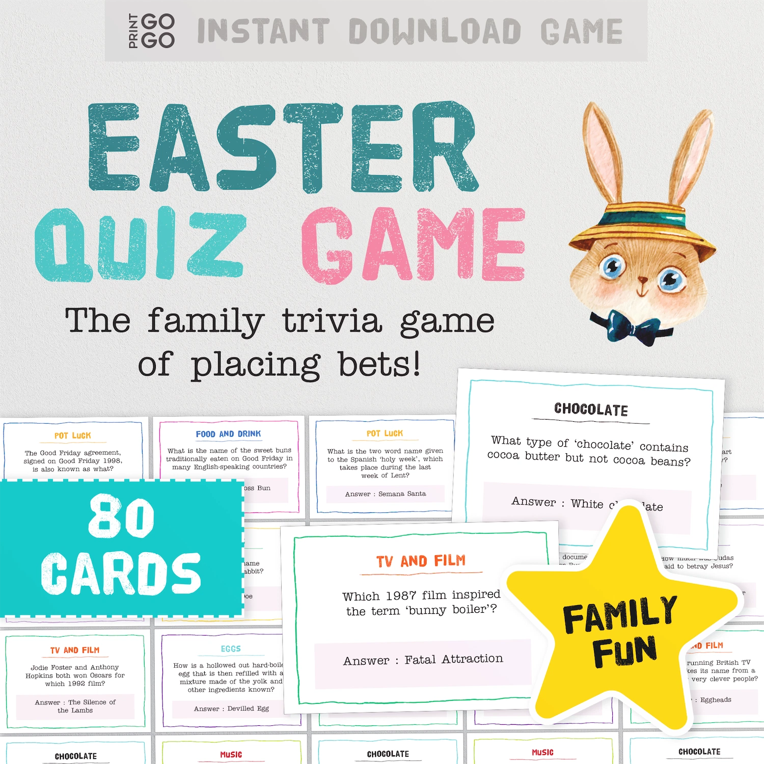 Easter quiz game with bunny illustration and trivia cards on a white background