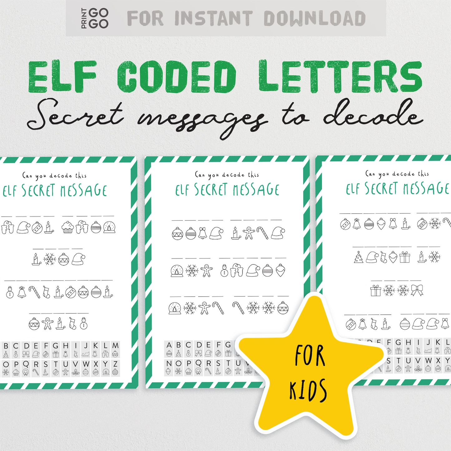 Sheet of elf-coded letters with secret messages for kids to decode, featuring a yellow star and text at the top.