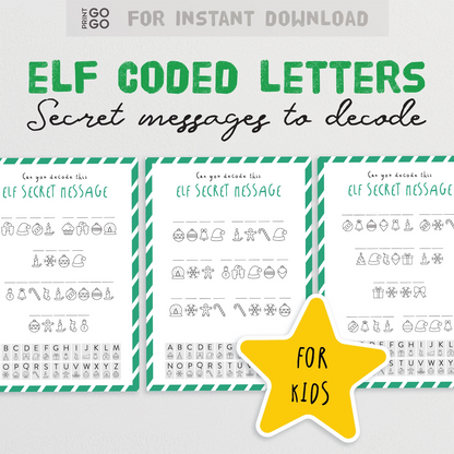 Sheet of elf-coded letters with secret messages for kids to decode, featuring a yellow star and text at the top.