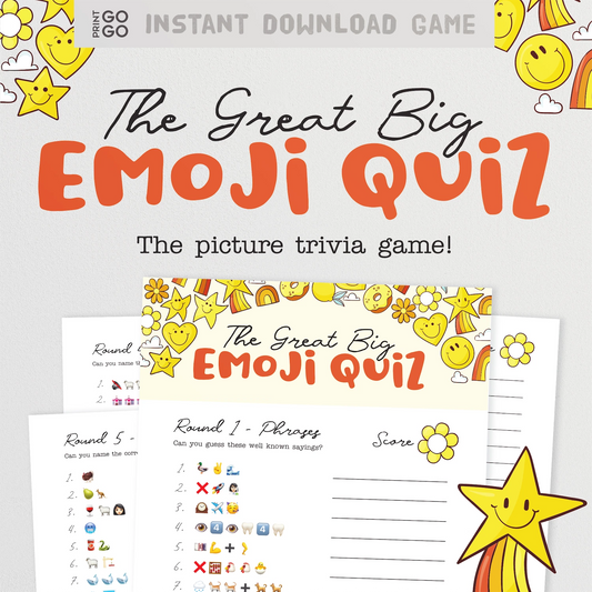Cover of 'The Great Big Emoji Quiz' with emoji designs and text on a light gray background.
