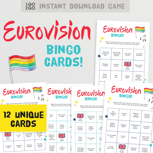 Eurovision Bingo cards with rainbow flag design on a white background
