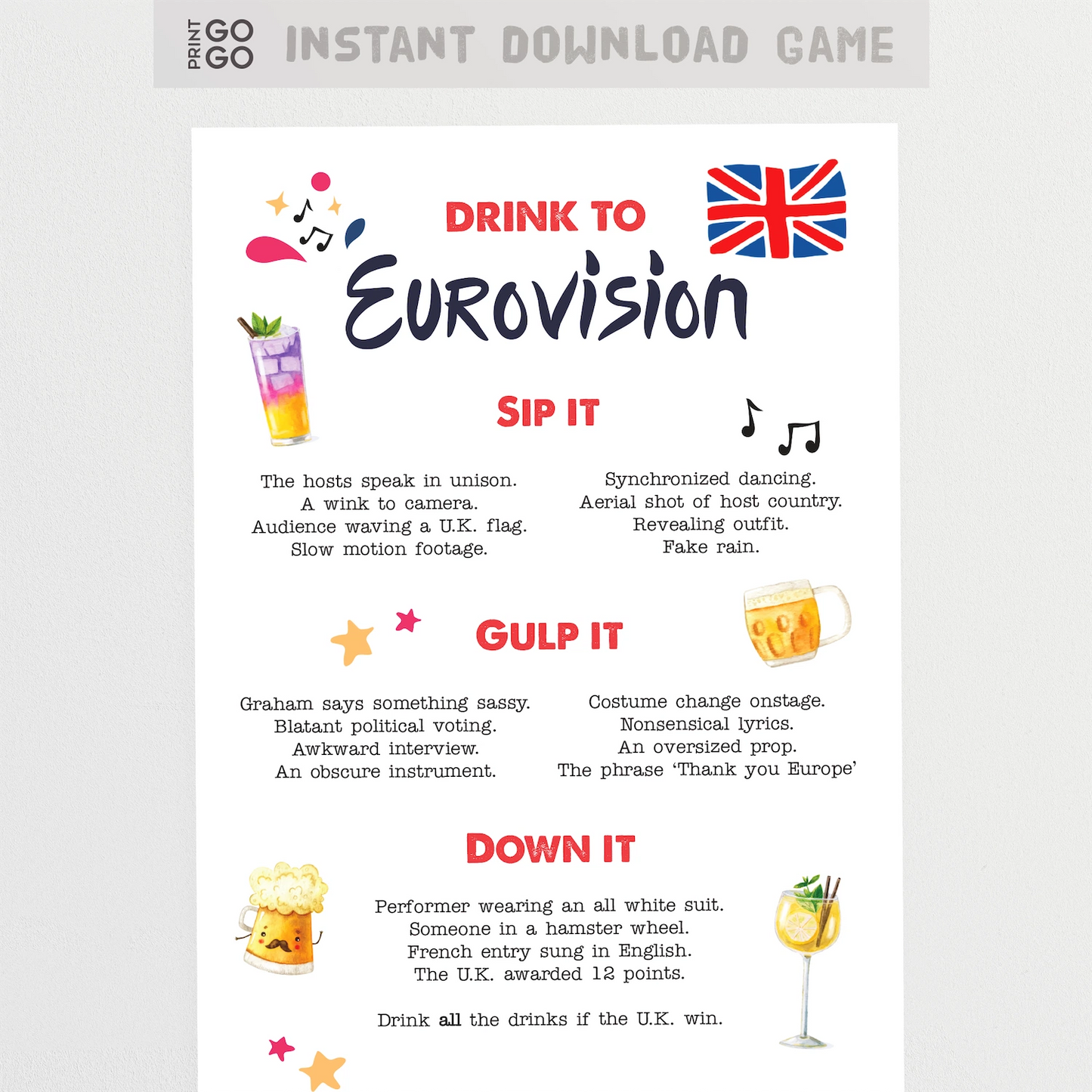Eurovision Song Contest drinking game for adults.