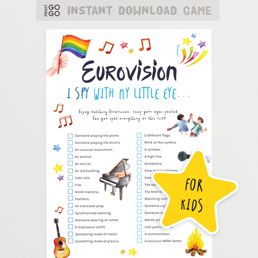 Eurovision-themed 'I Spy' game for kids with colorful illustrations and text.