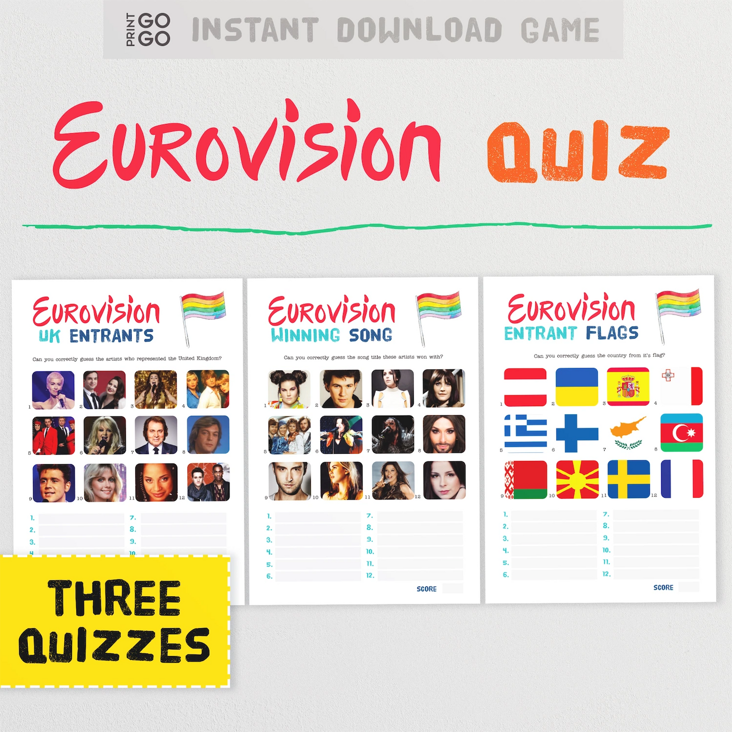 Eurovision Quiz with images of UK entrants, winning songs, and flags on a white background.