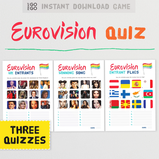 Eurovision Quiz with images of UK entrants, winning songs, and flags on a white background.
