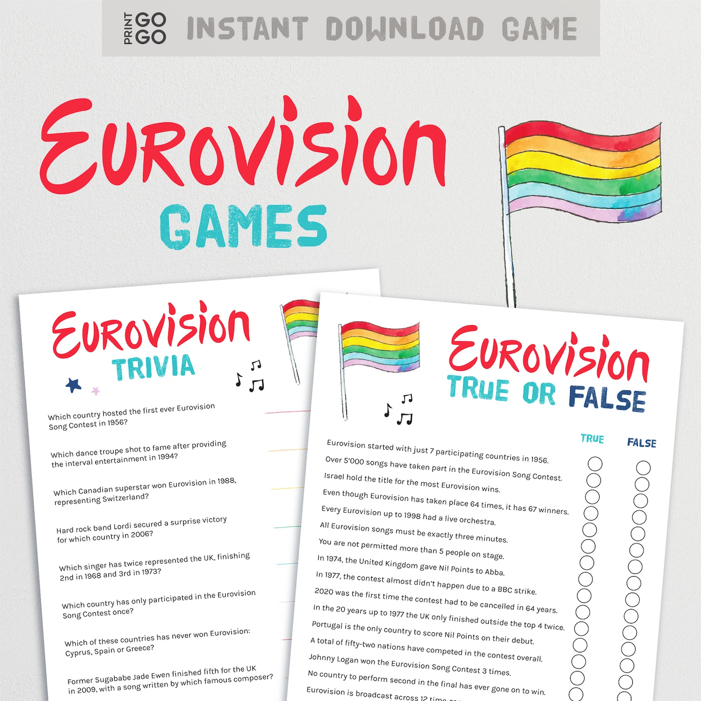 Instant download Eurovision trivia quizzes for watch parties.
