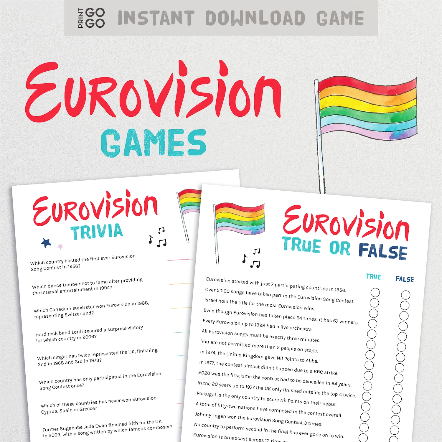 Instant download Eurovision trivia quizzes for watch parties.