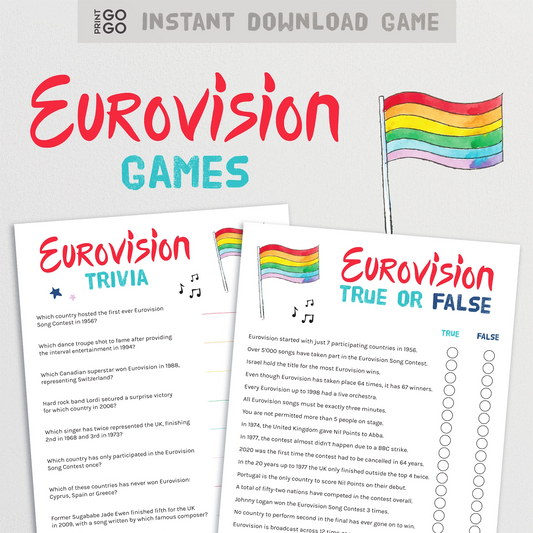 Instant download Eurovision trivia quizzes for watch parties.