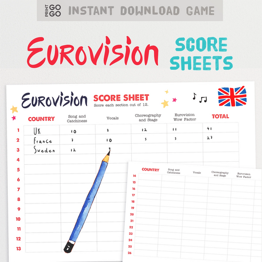Eurovision score sheet with a pencil and British flag, featuring the text 'Print Go Instant Download Game Eurovision Score Sheets'.