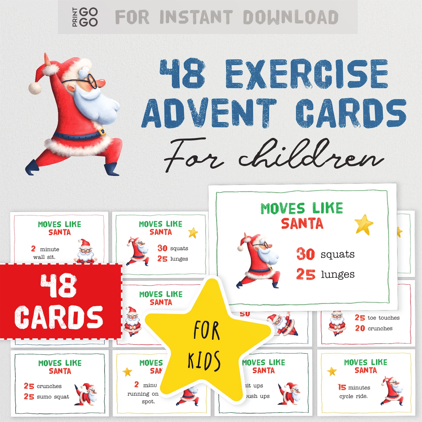 Exercise Advent Cards for children with Santa Claus design, featuring 48 cards for instant download.