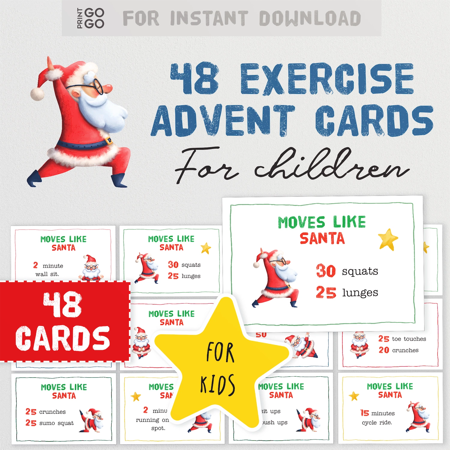 Exercise Advent Cards for children with Santa Claus design, featuring 48 cards for instant download.