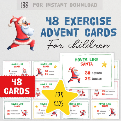 Exercise Advent Cards for children with Santa Claus design, featuring 48 cards for instant download.