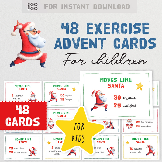 Exercise Advent Cards for children with Santa Claus design, featuring 48 cards for instant download.