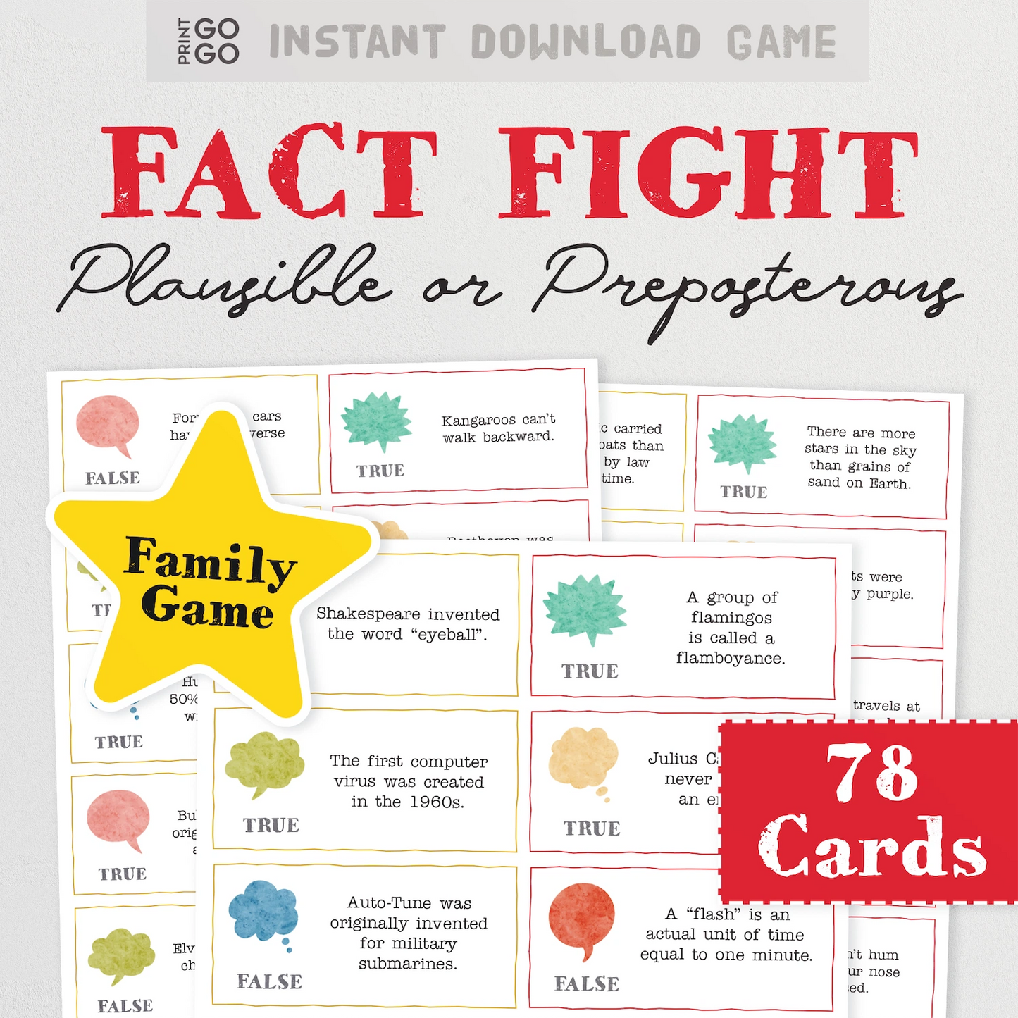 Printable Fact Fight game cards showing curious facts for players to guess true or false.