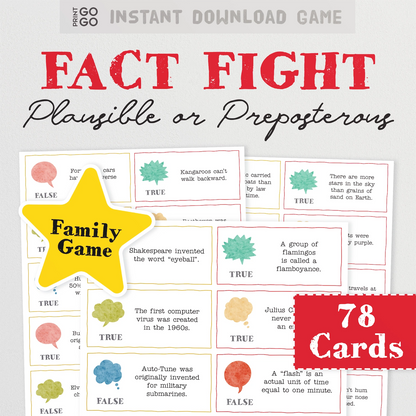 Printable Fact Fight game cards showing curious facts for players to guess true or false.