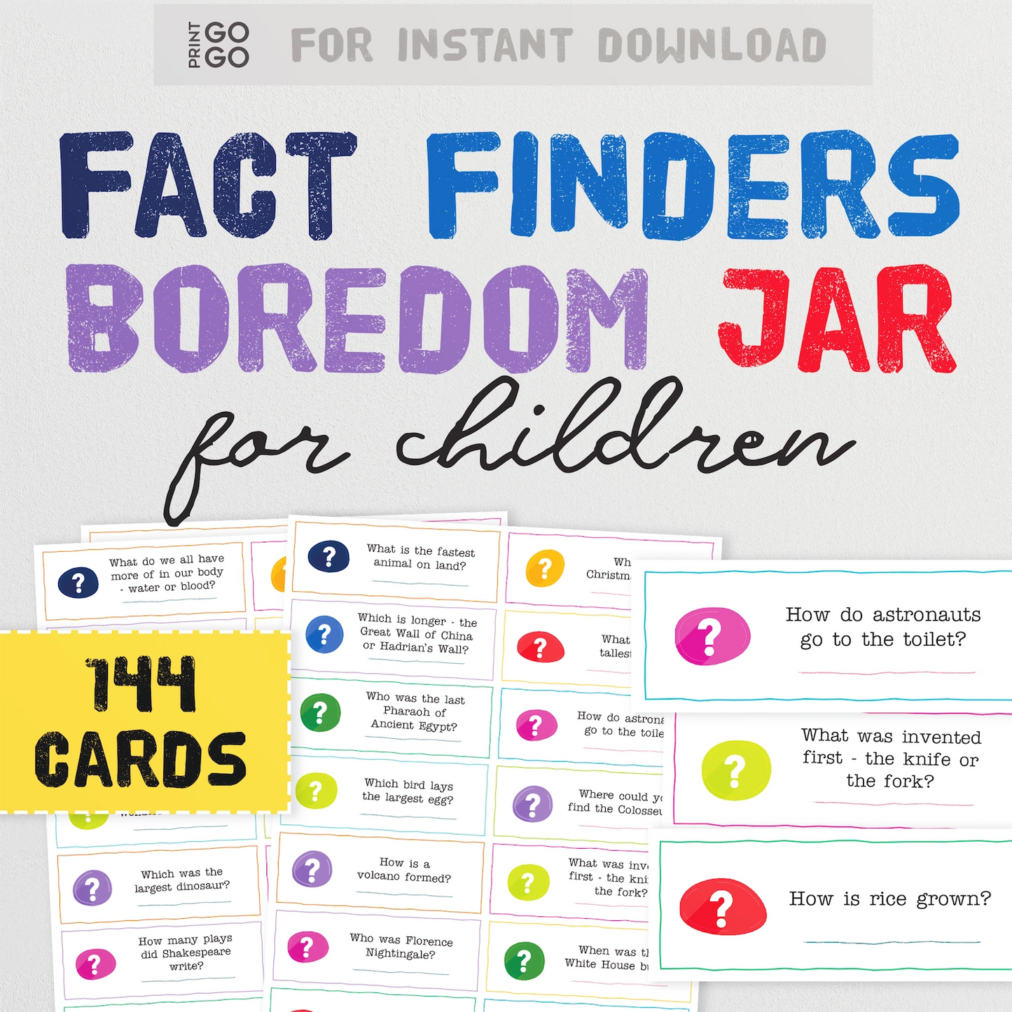 Fact finders boredom jar for children with colorful cards and text on a white background