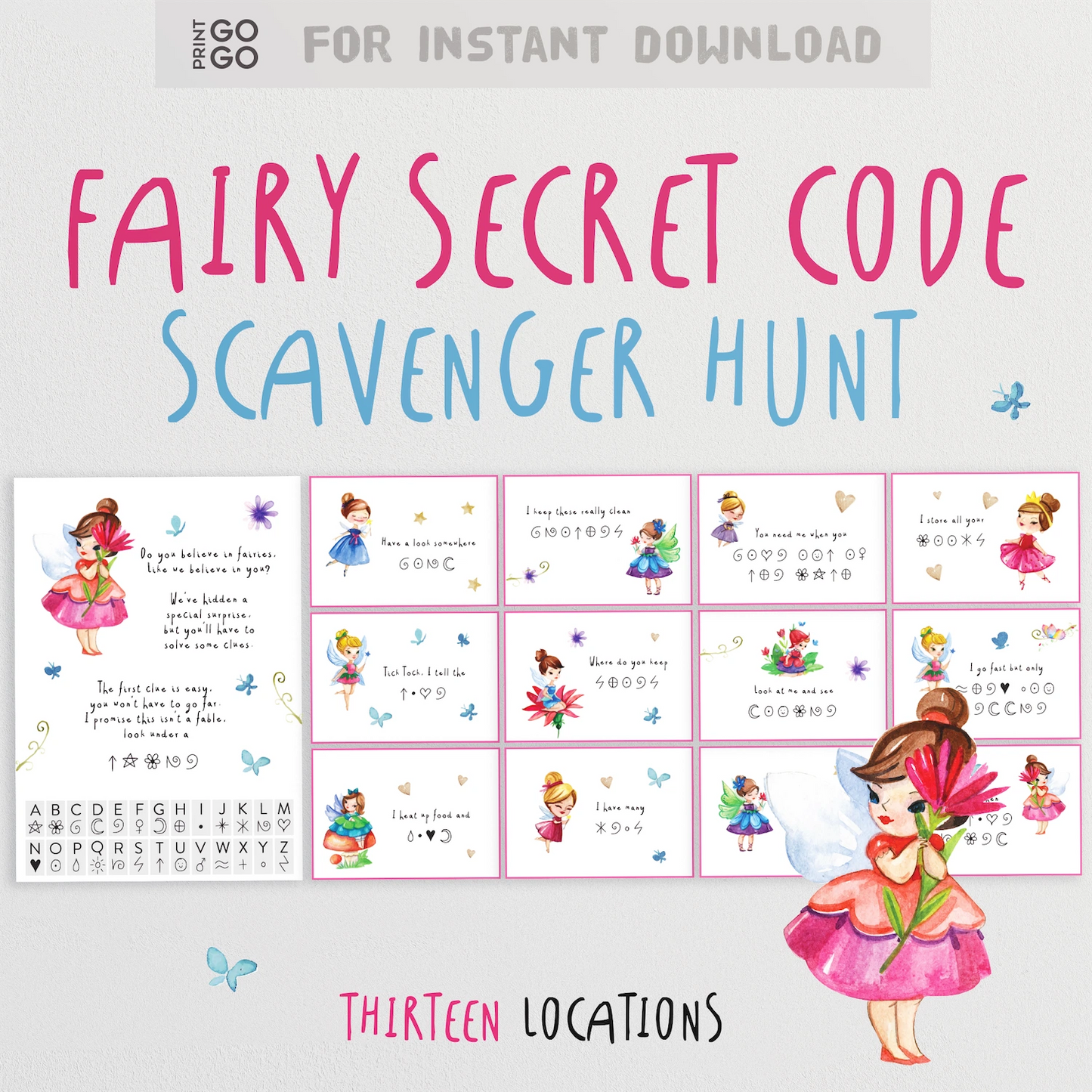 Fairy Secret Code Scavenger Hunt game with illustrations of fairies and text on a light gray background.