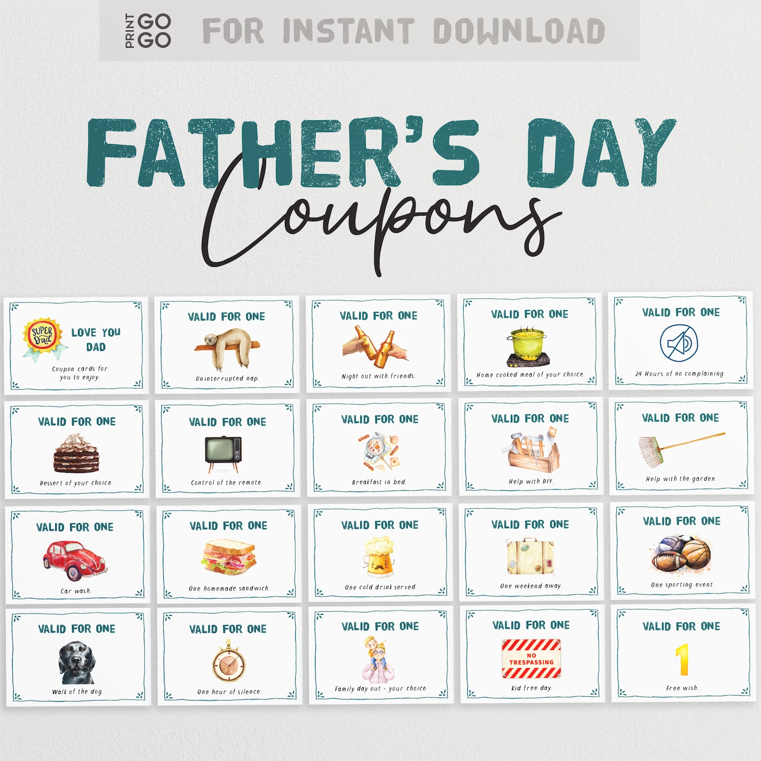 Father's Day coupons for instant download with various activities and items listed.