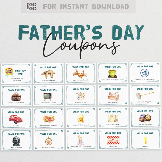 Father's Day coupons for instant download with various activities and items listed.
