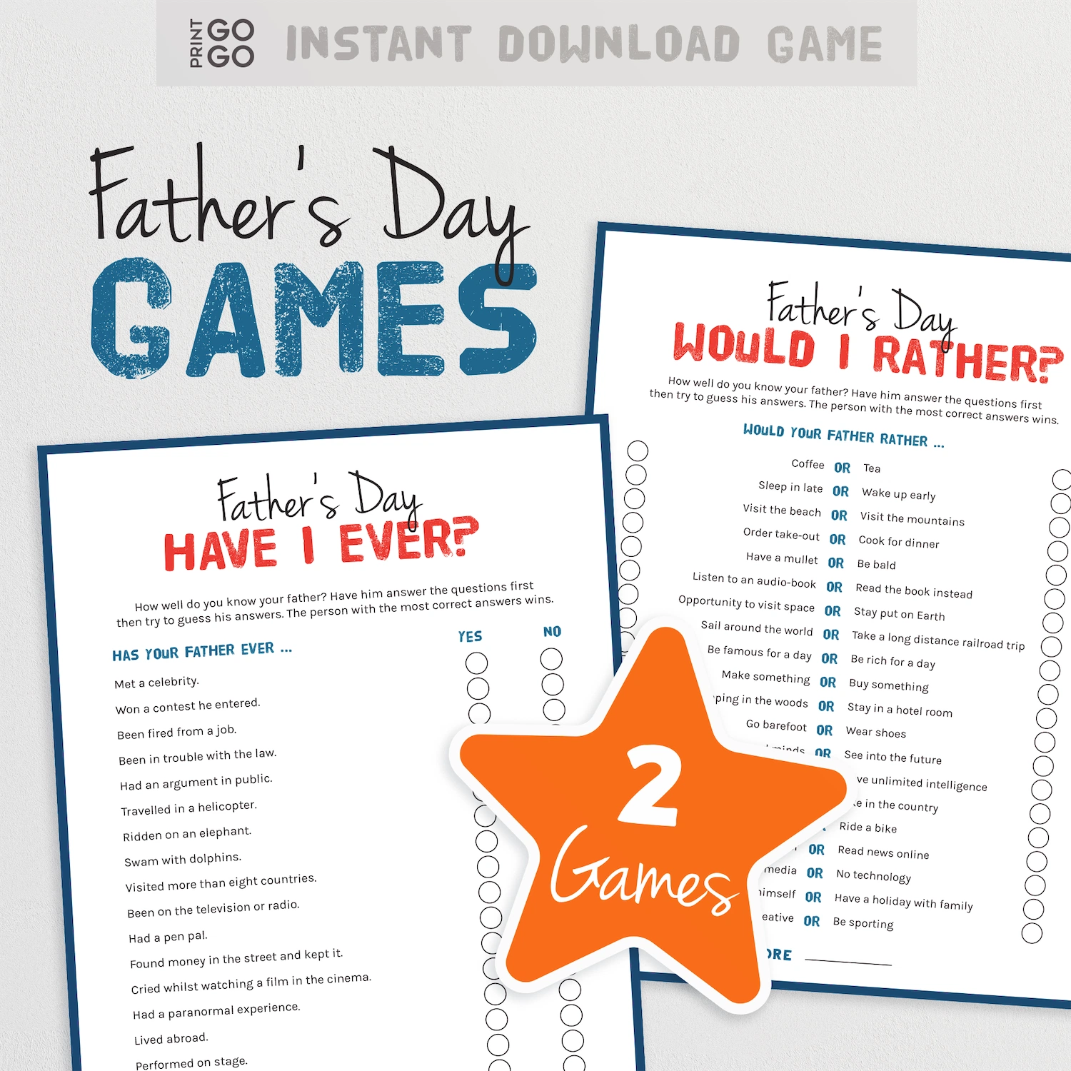 Two Father's Day games with 'Have I Ever?' and 'Would I Rather?' on a white background.