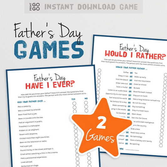 Two Father's Day games with 'Have I Ever?' and 'Would I Rather?' on a white background.
