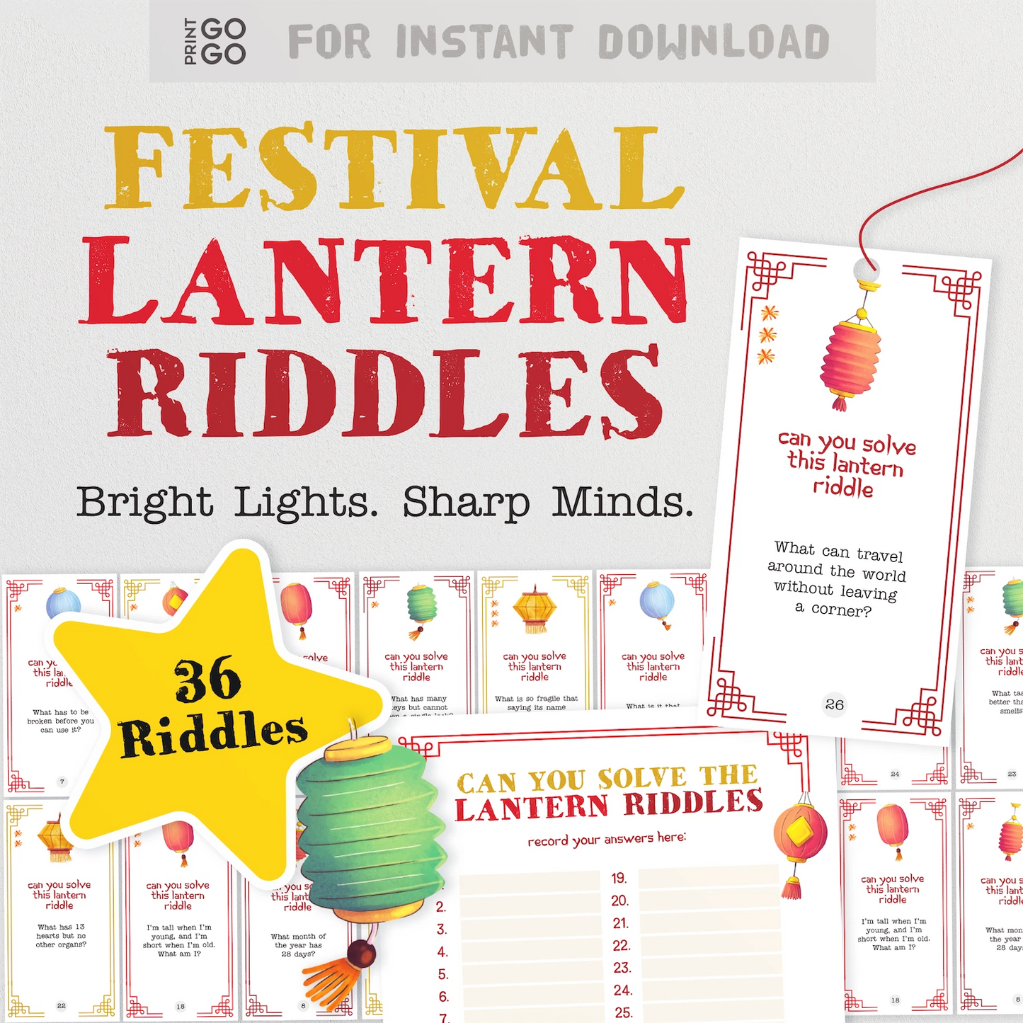 Instant download lantern riddles game for Lunar New Year.