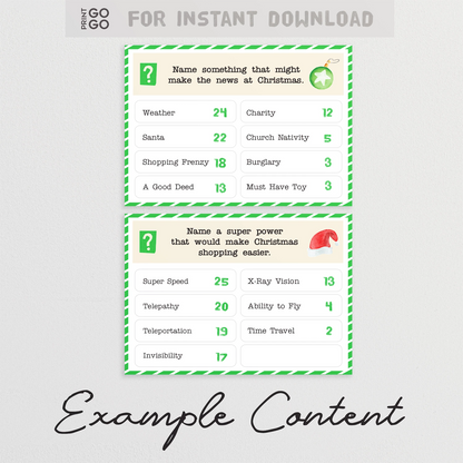 Example cards for instant download Christmas themed family party game.