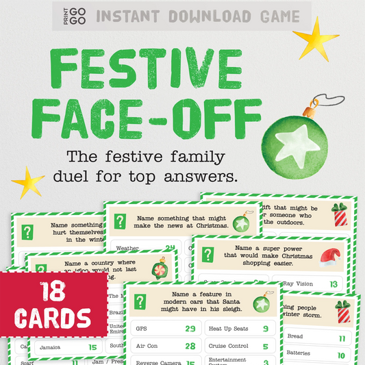 Instant download Christmas feud party game for families. Themed question cards and survey answers.