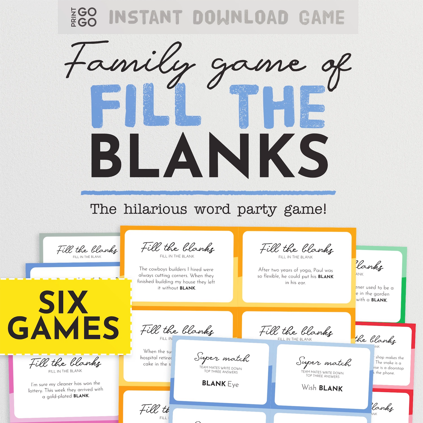 Instant download 'Fill the Blanks' game with colourful question cards.