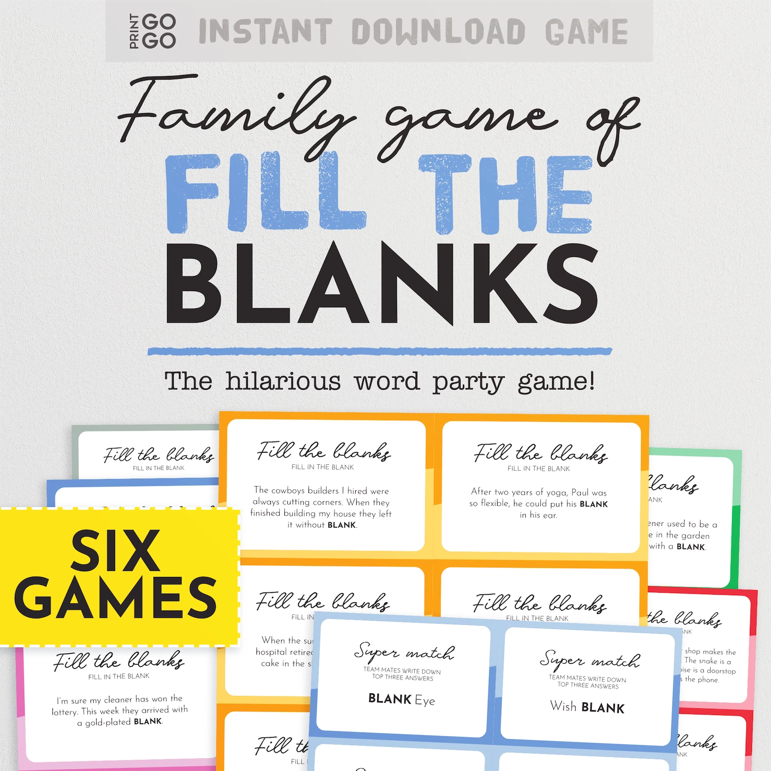 Instant download 'Fill the Blanks' game with colourful question cards.