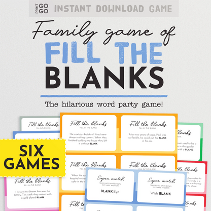 Instant download 'Fill the Blanks' game with colourful question cards.