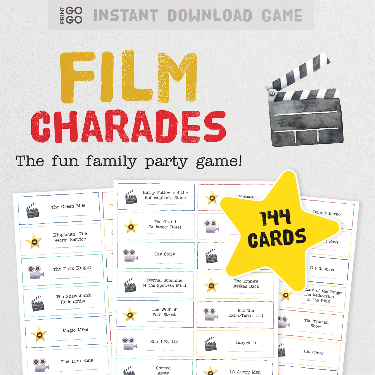Example cards for instant download film charades party game for groups.