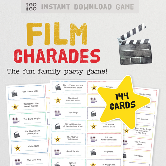 Example cards for instant download film charades party game for groups.