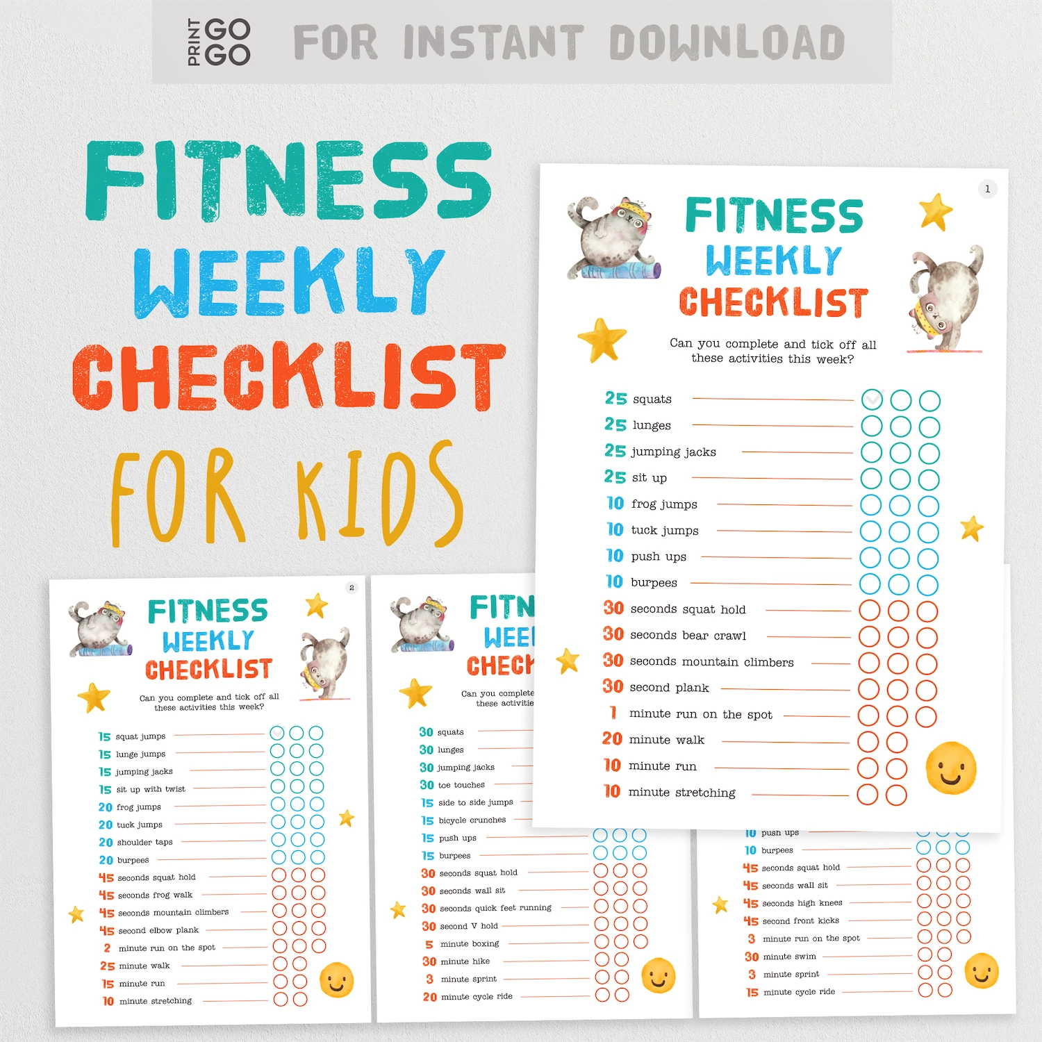 Fitness weekly checklist for kids with colorful design on a white background