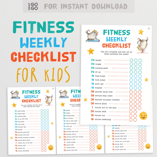 Fitness weekly checklist for kids with colorful design on a white background