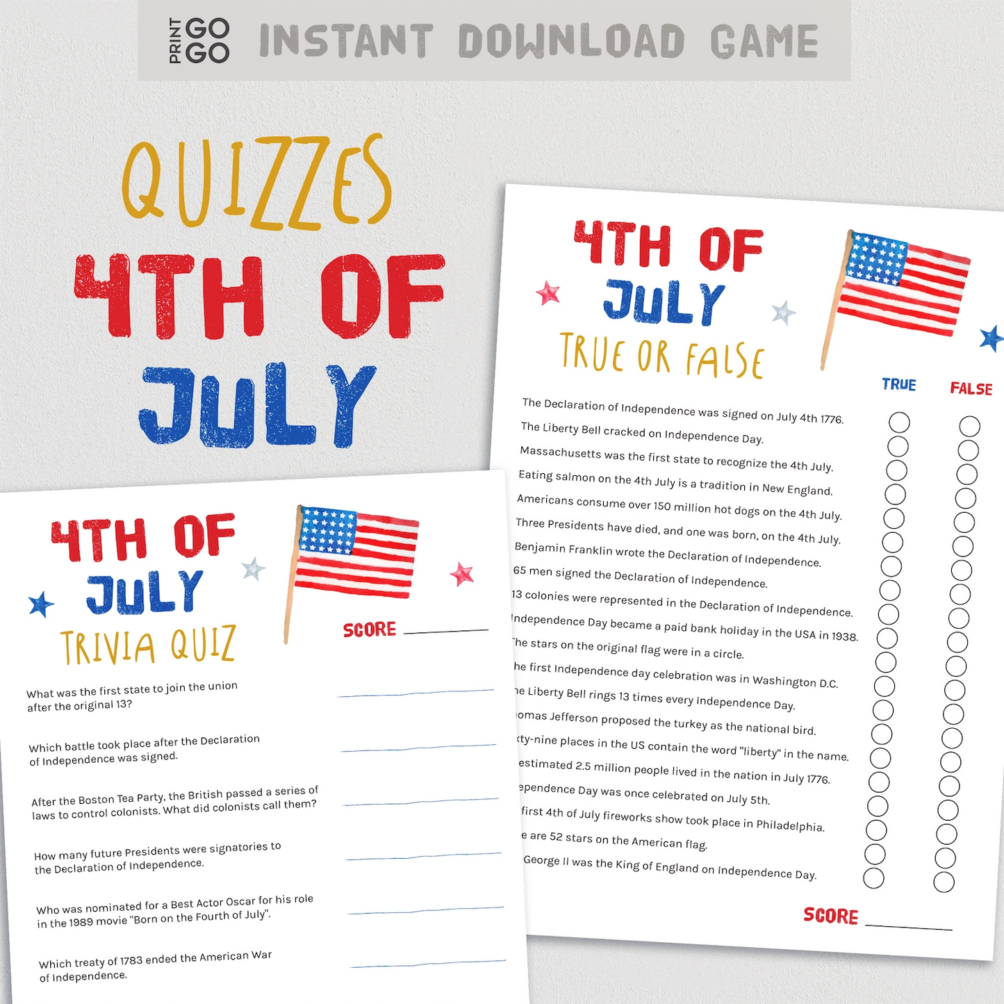 Two sheets of paper with 4th of July quizzes and trivia questions on a white background.