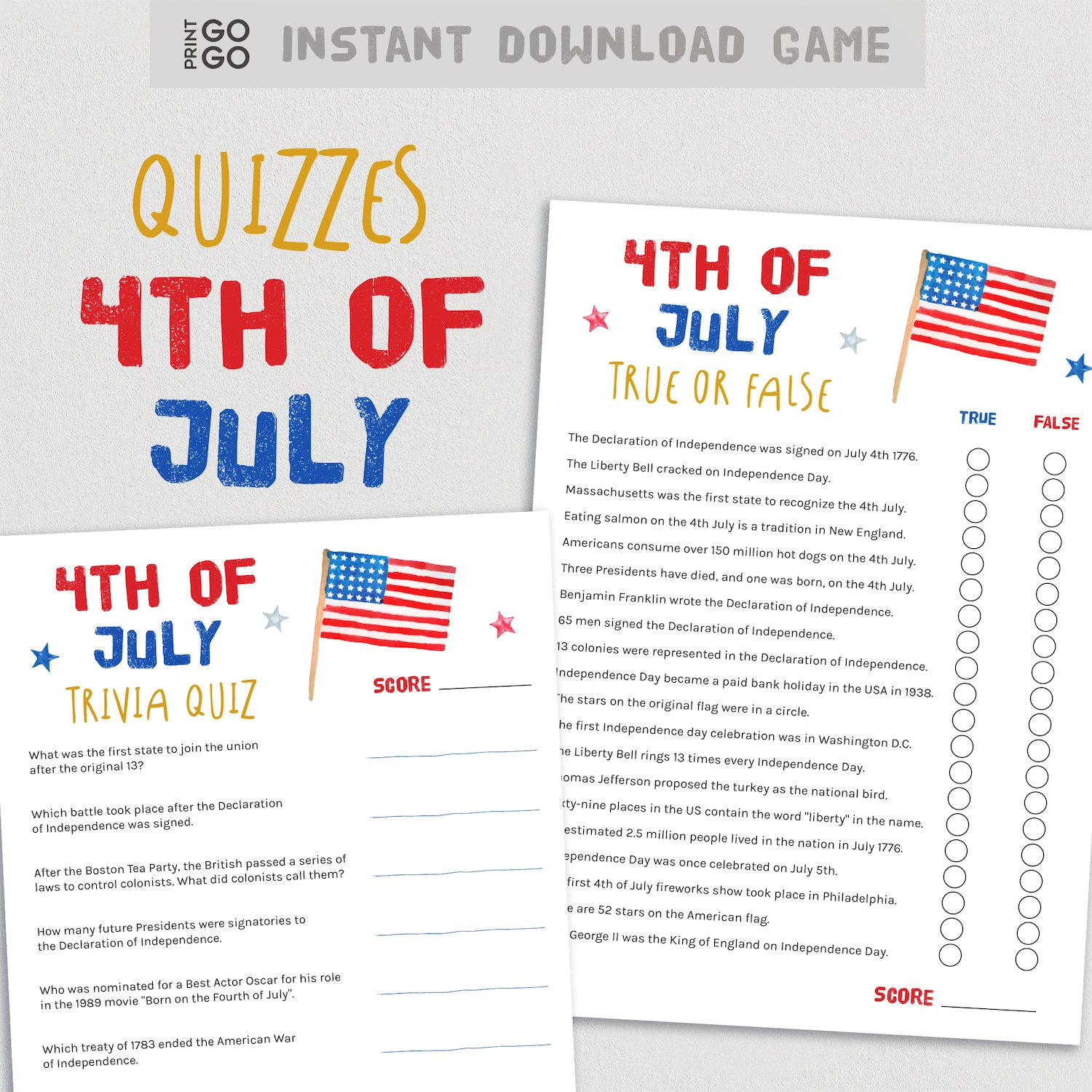 Two sheets of paper with 4th of July quizzes and trivia questions on a white background.