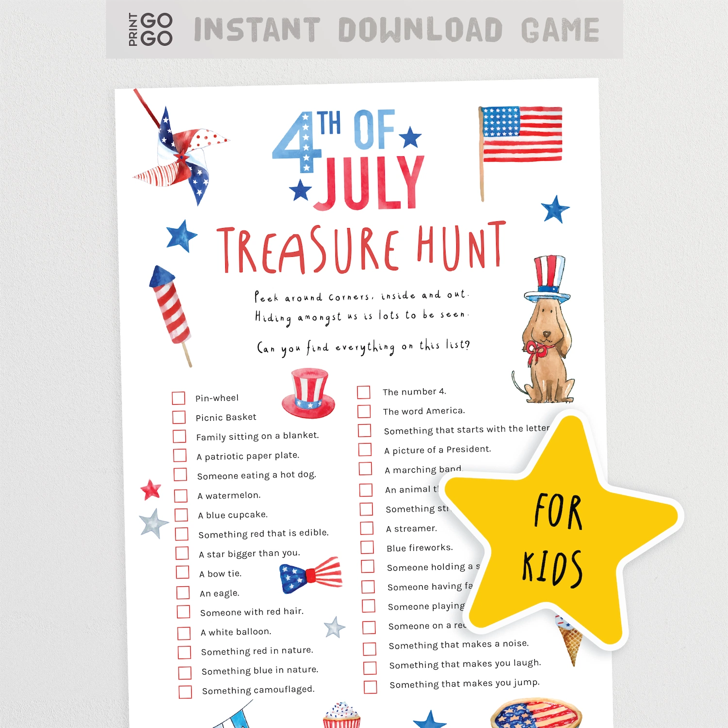 4th of July Treasure Hunt game sheet with American flags and a dog wearing a hat on a white background.