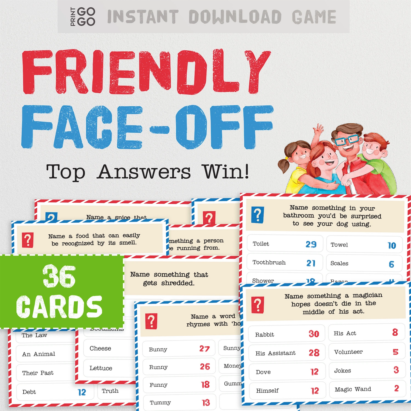 Instant download Friendly Face-Off family party game.