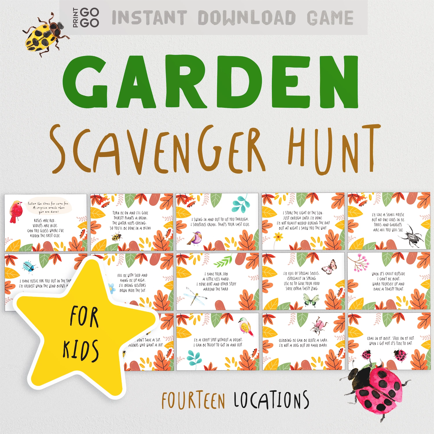 Garden Scavenger Hunt game for kids with colorful cards and ladybug graphics.