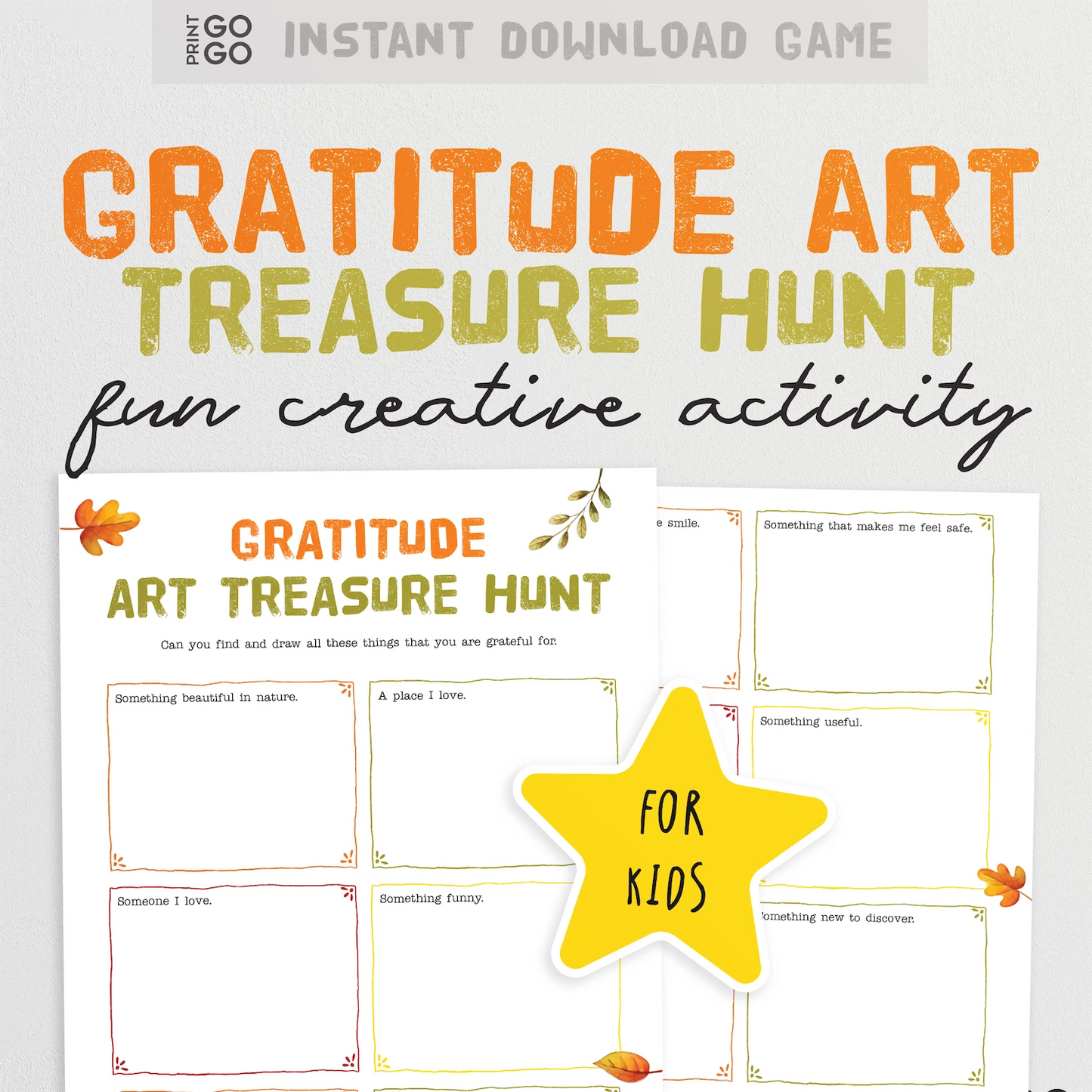 Gratitude Art Treasure Hunt activity sheet for kids with a yellow star label on a white background.