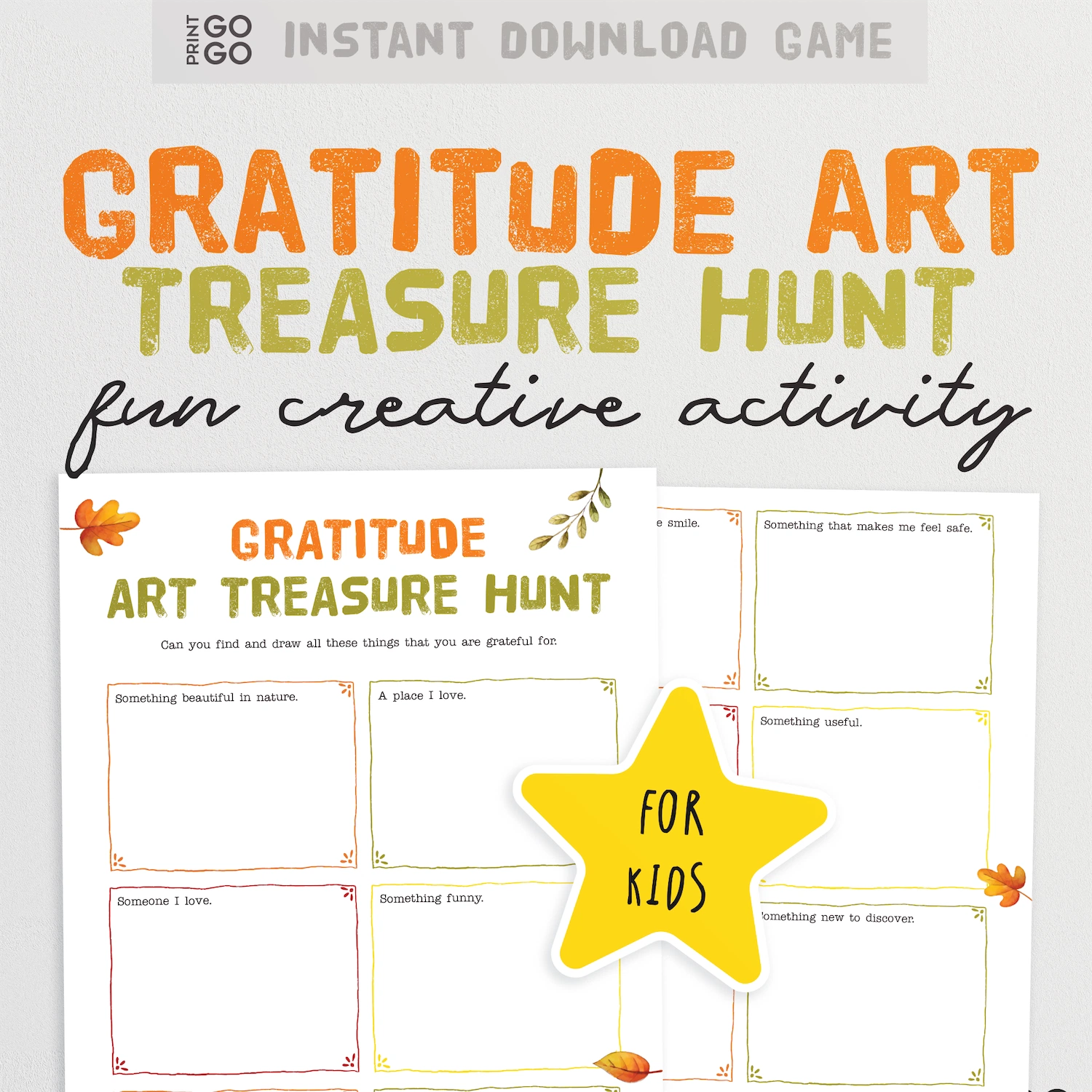 Gratitude Art Treasure Hunt activity sheet for kids with a yellow star label on a white background.