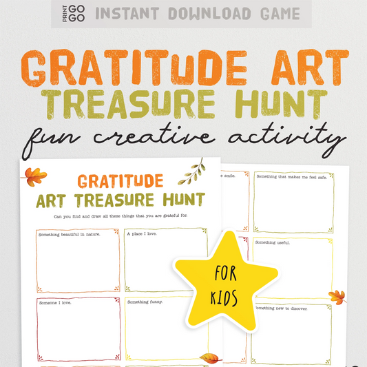 Gratitude Art Treasure Hunt activity sheet for kids with a yellow star label on a white background.