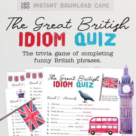 The Great British Idiom Quiz is show with colourful illustrations of British iconic landmarks and flags.