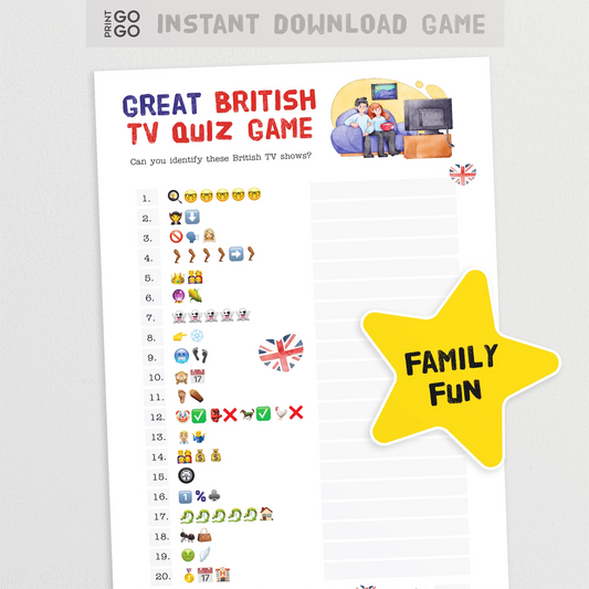 Great British TV Quiz Game with emoji icons and a yellow star labeled 'Family Fun' on a white background.